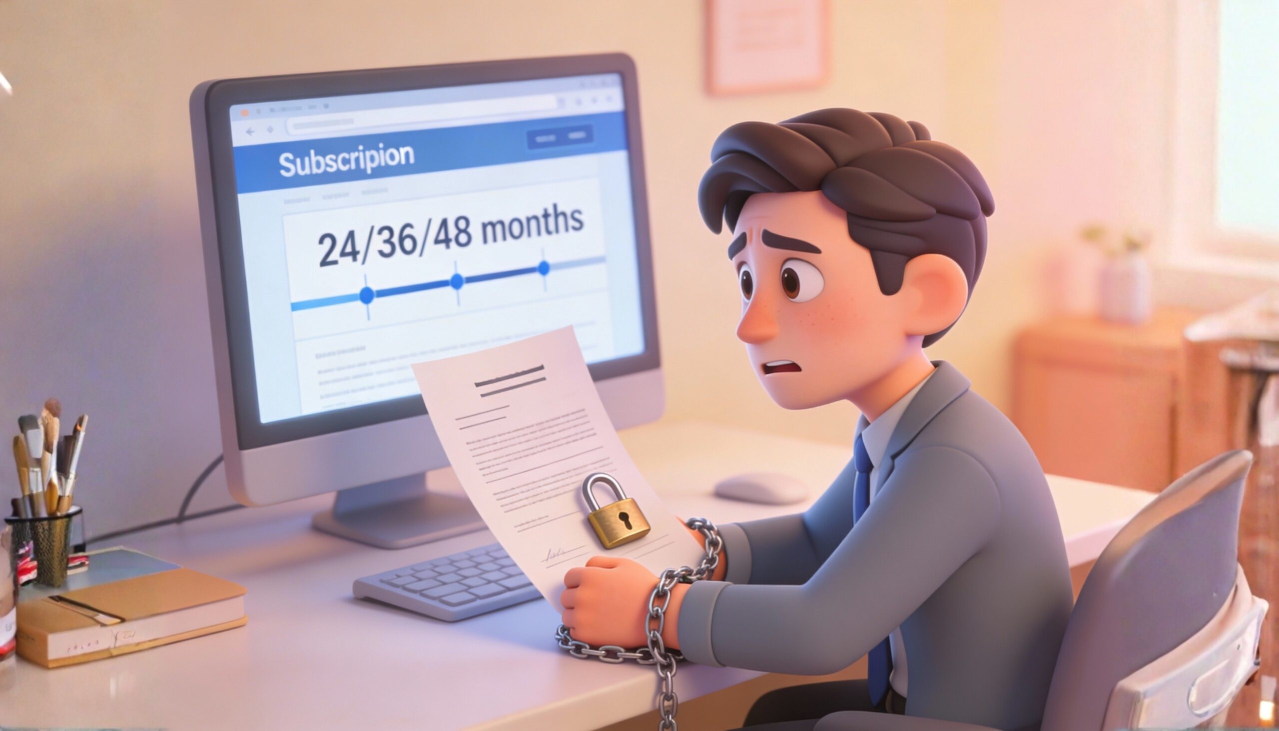 un entrepreneur ou une entrepreneuse face à un contrat d’abonnement numérique,