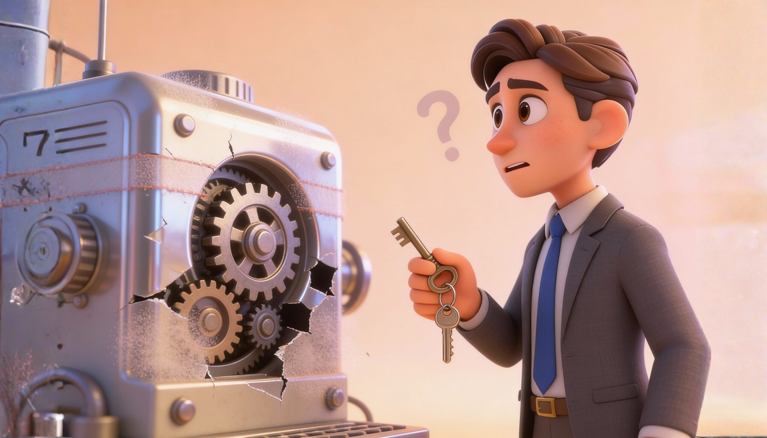 un site web sous forme de machine ou de bâtiment : certaines parties sont bien entretenues et brillantes (engrenages qui tournent, murs solides, fenêtres illuminées), tandis que d’autres zones sont fissurées, verrouillées ou floues, symbolisant les limites de la maintenance.