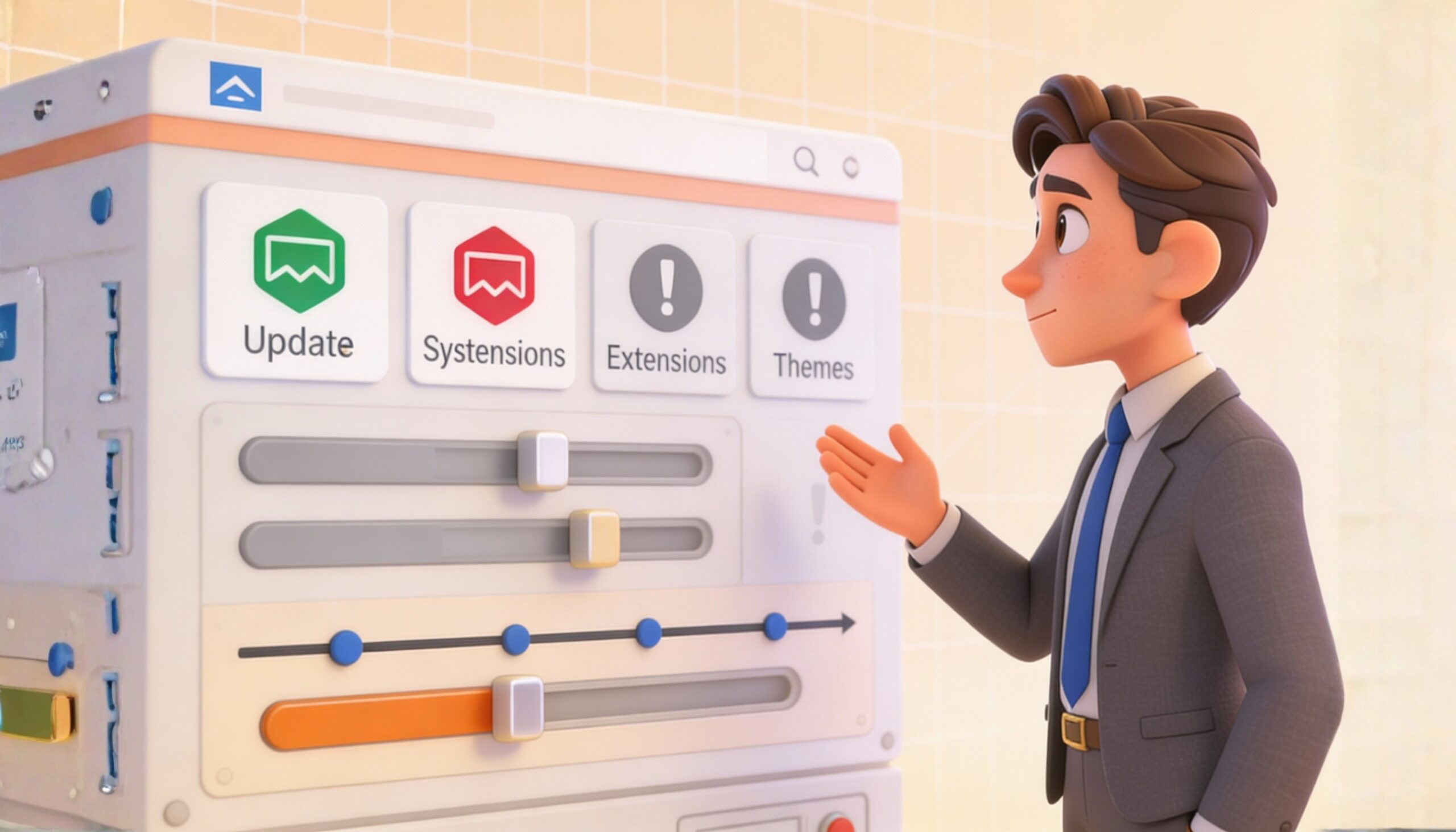 une entrepreneuse devant un tableau de bord de site web avec des indicateurs de mise à jour : systèmes, extensions, thèmes.